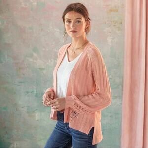 Sundance Angel Wing Pointelle Linen Blend Cardigan Sweater Pink Size Medium